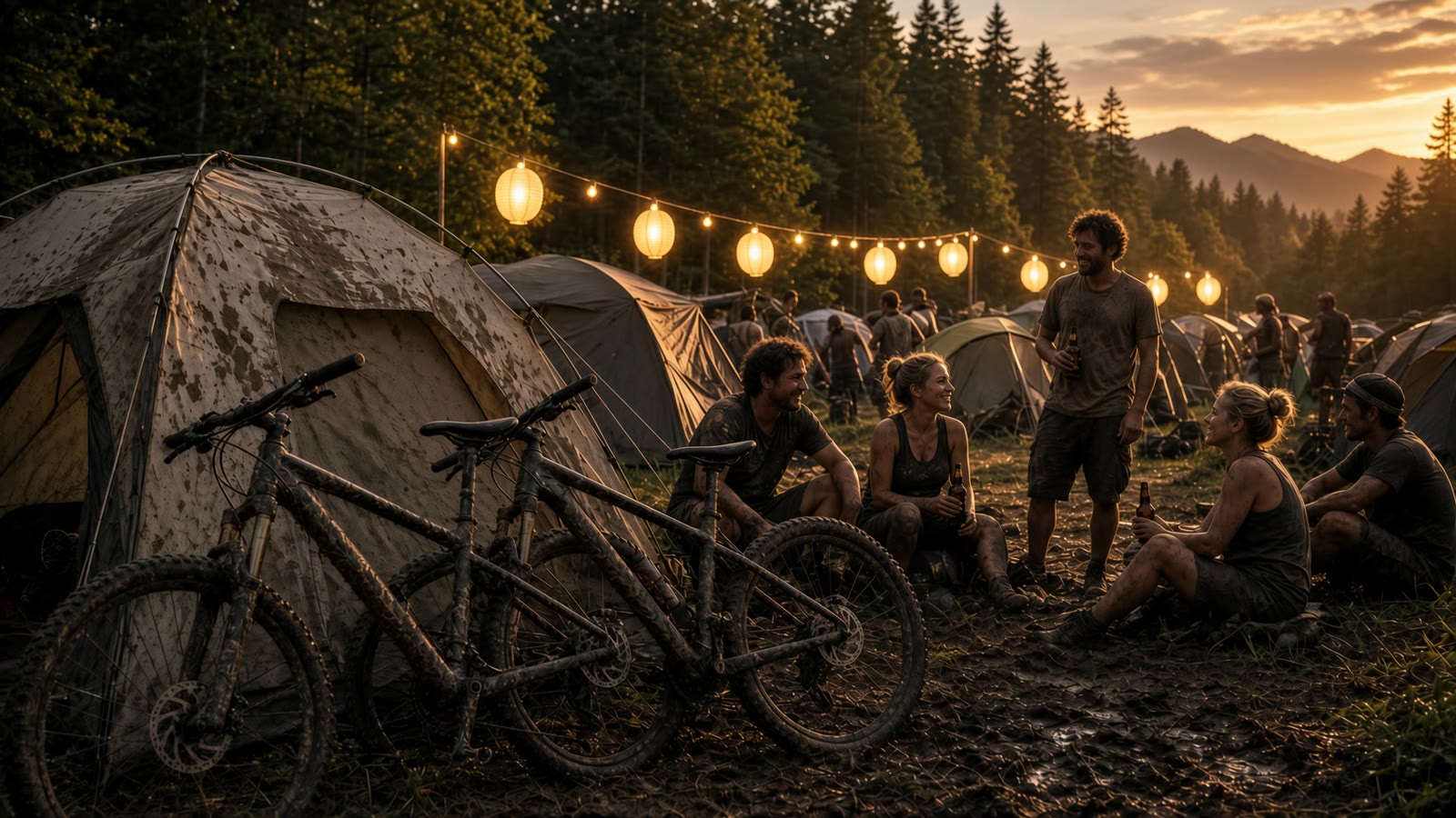 Mountainbikes van Dirtbags & Mudbabes tegen tenten op een festivalcamping