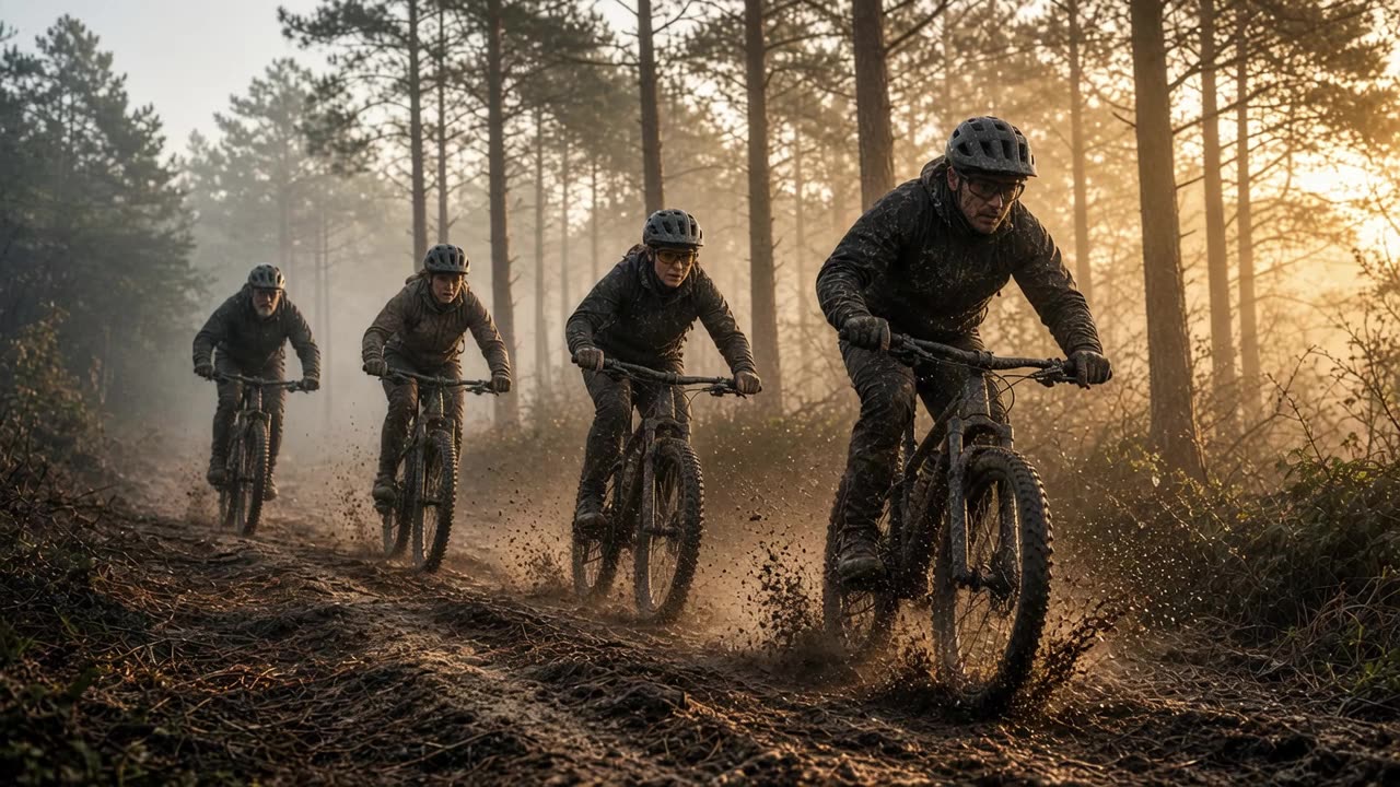 Mountainbikers van Dirtbags & Mudbabes door het dennenbos in de Noord-Hollandse duinen bij Bergen